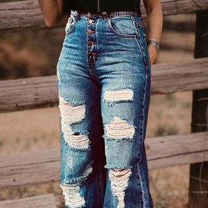 NEW High Waist Wide Leg Distressed Denim Jeans
